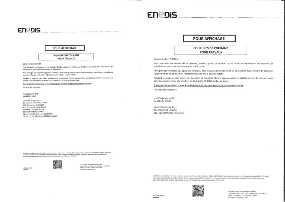 ENEDIS - Coupure le 26/01/2026